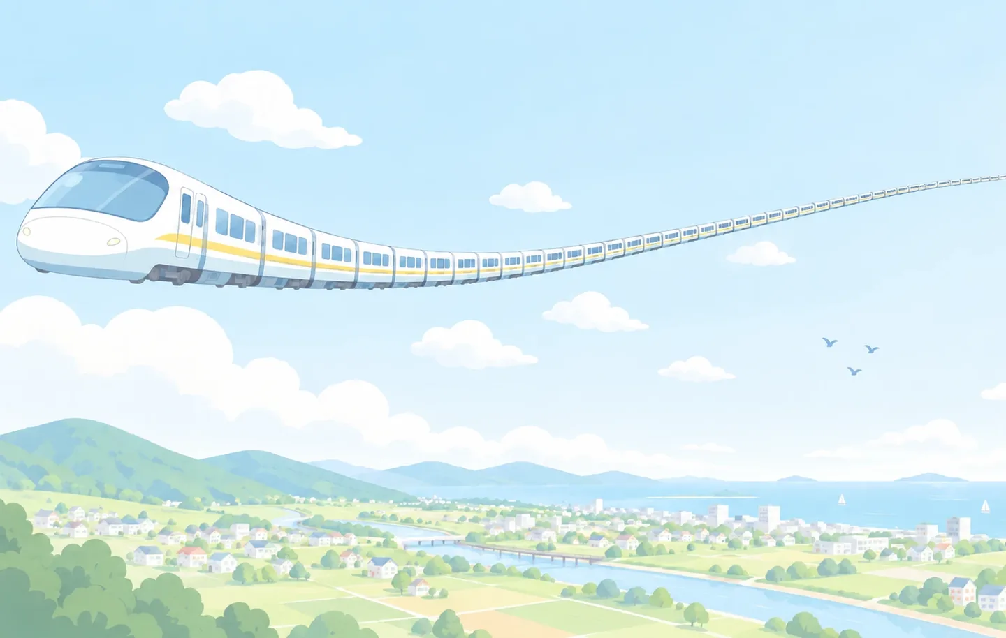 街の上の空を飛ぶ、長くつながった電車