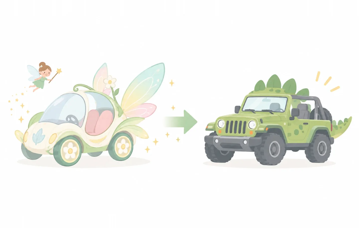 妖精と花で飾られた車が、恐竜の姿の車に変わる様子
