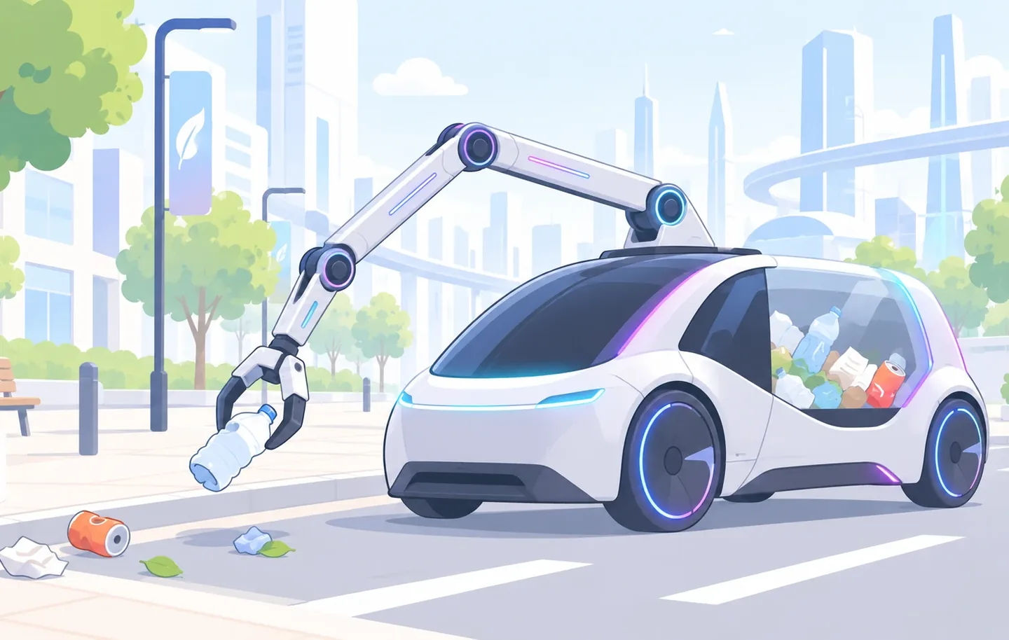 街なかで、路上のペットボトルや空き缶をロボットアームで拾う車