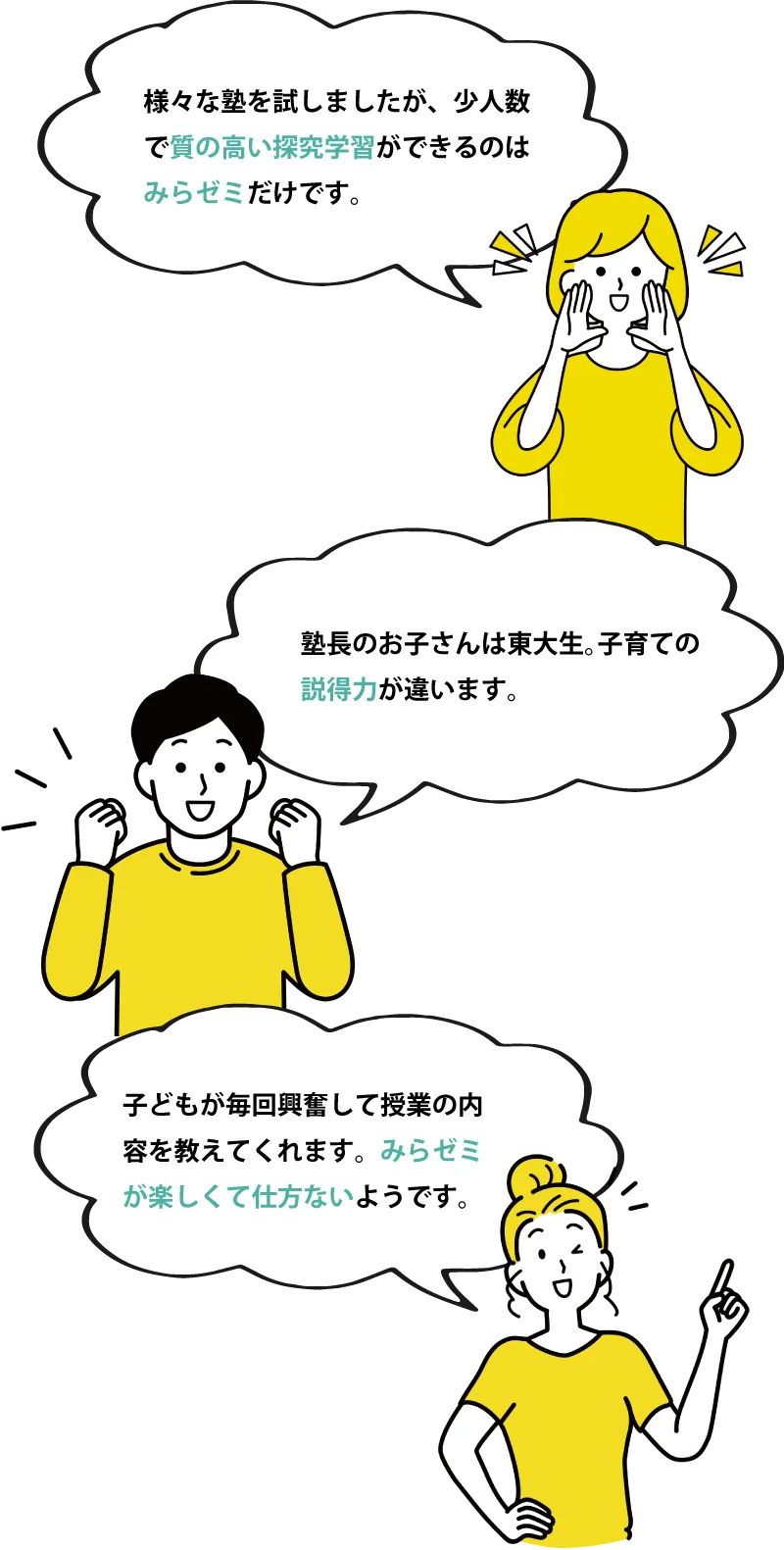 保護者の声：「様々な塾を試しましたが、少人数で質の高い探究学習ができるのはみらゼミだけです。」「塾長のお子さんは東大生。子育ての説得力が違います。」「子どもが毎回興奮して授業の内容を教えてくれます。みらゼミが楽しくて仕方ないようです。」